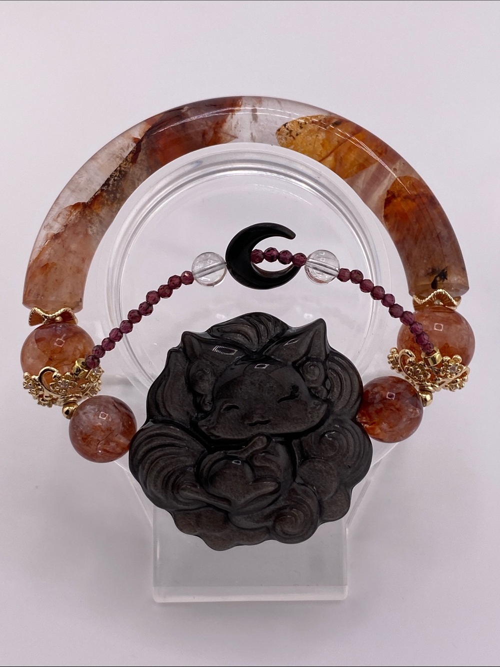 🔥 Natural Fire Quartz Half Bangle Gemstone Bracelet with Carved Fox Focal